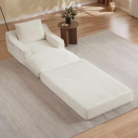 Fauteuil convertible 1 place en velours côtelé blanc, lounge chair minimaliste avec design double couche, assise moelleuse et couchage d'appoint CHICFURN (1/5)