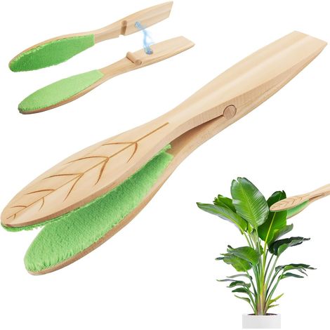 Pinzas para limpiar hojas - Cepillo de limpieza con mango de madera - Herramienta para quitar el polvo con mango de madera para plantas de interior y exterior (1/5)
