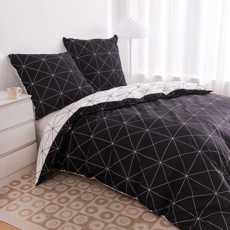 Duvet Cover 140 x 200 cm, White, Black, Geometric Checked Bedding Set, 2 Pieces, Reversible Modern Single Bed Linen Set with Zip and 1 x 65 x 65 cm Pillowcase (1/5)
