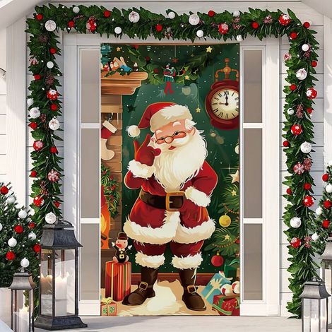 Décoration de porte Grinch vert, tissu d'ambiance, rideau de porte suspendu, bannière - 90 x 180 cm (œillets + ruban) - Style 14