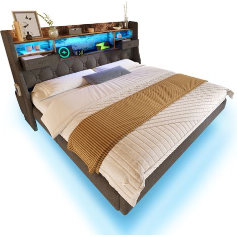 Polsterbett Schwebebett mit LED-Beleuchtung, Kopfteil und Ladestation(1 Type-C, 3 USB-Anschlüsse), Modern Einzelbett mit Stauraum-Kopfteil und lattenrost, Leinen(Ohne Matratze)