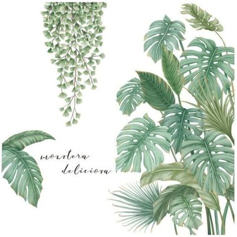 Autocollant Mural Plante Verte, Sticker Mural Plante Tropicale, Convient pour Chambre à Coucher, Salon, Salle à Manger, Mur de Fond de Télévision, Couloir, Bureau, Magasin, Etc (1/5)