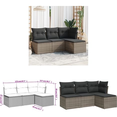 4-tlg. Garten-Sofagarnitur mit Kissen Grau Poly Rattan - Gartenmöbel - Sofa Set - Rattan Möbel - Outdoor Sofa - Lounge Set - Home & Living (1/3)