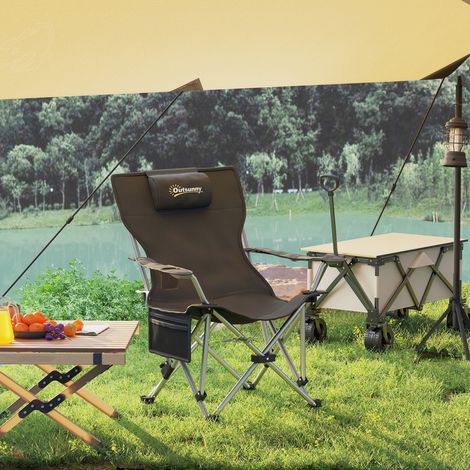 Chaise de camping inclinable pliable avec repose-pieds amovible, accoudoir, porte-verre et appui-tĂŞte noir (1/5)