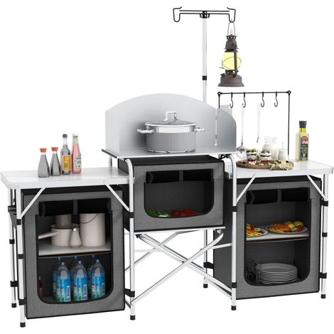 Cuisine de camping pliante avec 3 tables, 4 crochets, poteau d'éclairage et sac de transport, 172 x 48 x 130 cm, grise