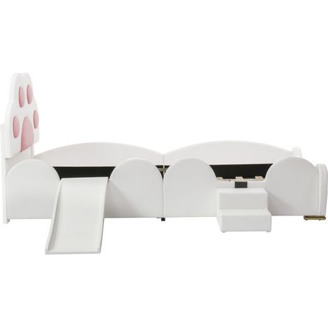 Cama infantil tapizada con tobogán y escalera, cabezal de pata de gato, 90x200 cm, blanco y rosa (1/5)