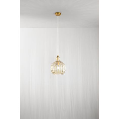 Suspension en verre couleur Cognac, design moderne avec structure en laiton bruni, douille E27, diamètre 25 cm, h 182 cm - Marque Perenz Design