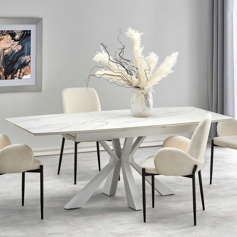 Table extensible contemporaine avec plateau aspect marbre et pied central design blanc en métal HORN (1/5)