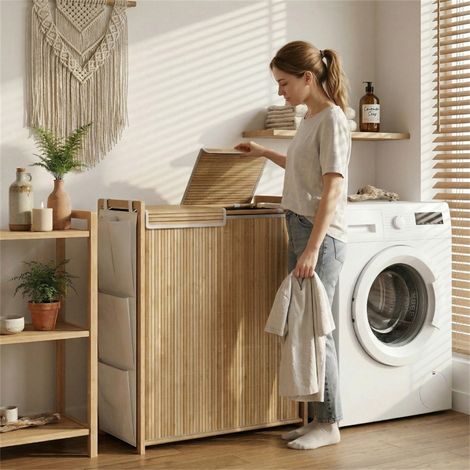 Panier à linge en bambou - 63x33x78 cm - Corbeille à linge moderne chic tri sélectif 120L 4 poches sac amovible - Naturel (1/5)