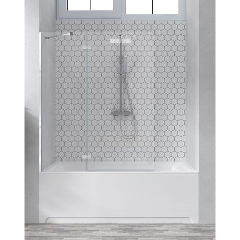 Mampara Bañera Fijo de Ducha + 1 Puerta Abatible Vidrio Templado 6mm Antical Transparente 150cm Altura 50+70cm Perfil Cromo Brillo