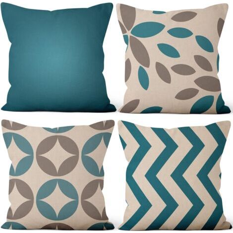 QORVA-Lot de 4 45x45cm Housses de Coussin, Lot de 4 Lignes Bleues Cyan Modernes Taie d'oreiller Carré Lin Housse de Coussin avec Fermeture éclair Invisible pour Sofa Auto Extérieur Jardin Lit Canapé M (1/5)