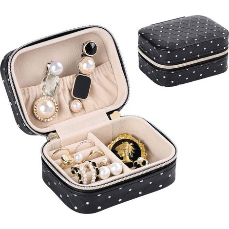 Boîte à bijoux de voyage, noire, en similicuir, rangement compact pour bagues et boucles d'oreilles. (1/3)