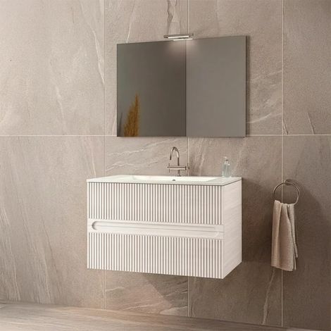 Mobile bagno sospeso con specchiera e lavabo integrato modello aurora 80cm base sospesa+lavabo+specchio+lampada / portuna bianco MOBO