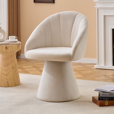 Sedia imbottita girevole in chenille beige con braccioli integrati, base conica, rotazione 360° (1/5)