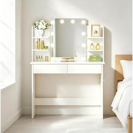 Coiffeuse avec miroir LED 90x40 2 tiroirs blanche OKMYHOME (1/4)