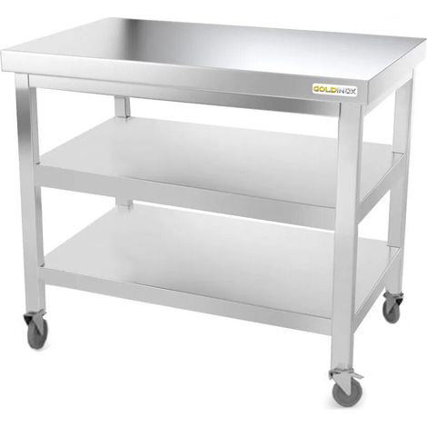 Table de travail en inox 1000 x 700 mm avec 2 étagères sur roulettes PREMIUM - GOLDINOX (1/4)