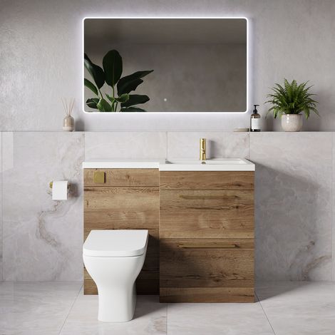 Napoli 390 Tobacco Oak 1100mm 2 Drawer Vanity Unit Toilet Suite with Square Right Hand Lucia Basin - 1100mm - Brushed Brass 320mm HandleWith Kingston Toilet Pan and Seat