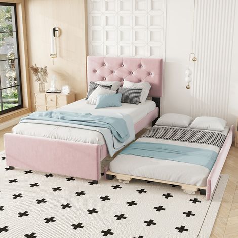 Lit double 90x200 avec rangement bac à roulettes - Tête de lit velours rembourrée - Style minimaliste rose (sans Matelas) (1/5)