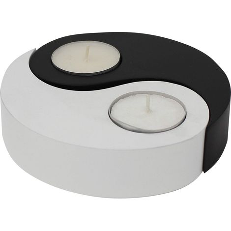 Porte-bougie Yin Yang noir et blanc en bois de manguier (1/3)