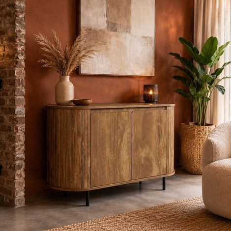 The Home Deco Factory – Buffet art déco 2 portes marron et noir – Design sans poignées – Bois et métal – Éléments arrondis – Collection Héritage