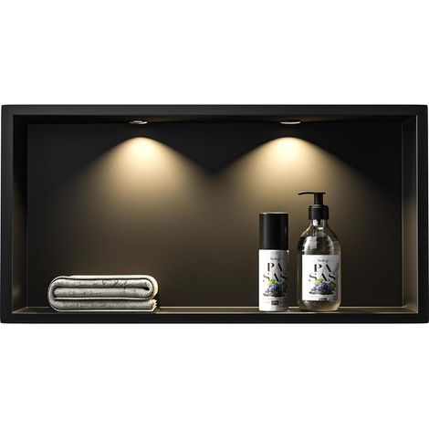 Douche murale encastrable en acier inoxydable avec spot LED 60 x 30 cm - Étanche - Pas de carrelage nécessaire - Rangement de salle de bain - Niche - Noir mat (1/5)