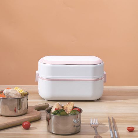 Boîte à lunch électrique 250 W, chauffe-plats portable à chauffage rapide avec poignée, idéale pour la maison et le bureau (220 V CA, prise CN), carrée, rose, simple couche. (1/5)