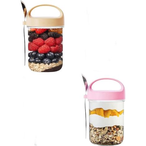 Tarros para avena nocturna, 2 unidades, Reutilizables, Con tapa y cuchara, fruta y comida para bebés, 9,3 × 8,4 × 15 cm, Rosa, amarillo (1/5)