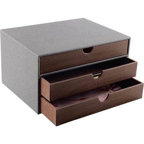 Schubladenbox fürs Homeoffice mit 3 geschlossenen A4-Fächern aus PU-Leder, Schmuck- und Kosmetikaufbewahrung, U-förmiger Öffnung, handgenähten Nähten (grau) (1/5)