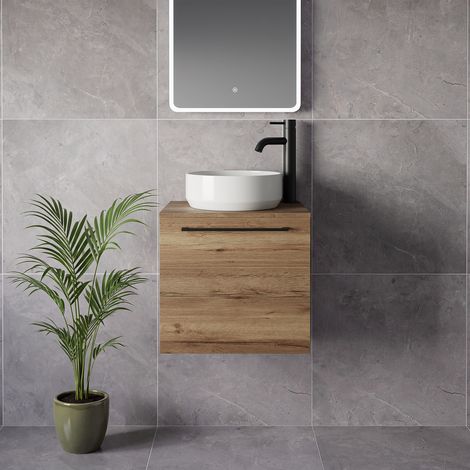 Napoli 390 Tobacco Oak 500mm Wall Mounted Single Drawer Vanity Unit for Countertop Basins - 500mm - Matt Black 320mm Handle