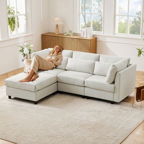 Canapé d'angle L 3 places beige avec repose-pieds – style scandinave/modern, 220x83x81 cm (1/5)