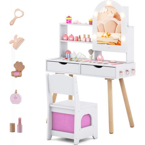 COSTWAY Kids Vanity Set Pretend Play Dressing Table Set w/Mirror Cabinet-White (1/5)