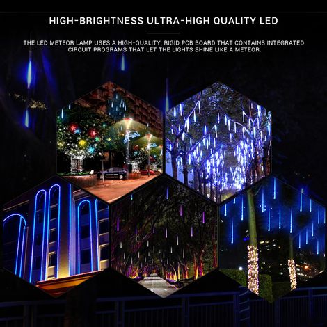 Guirlande lumineuse LED Météore étanche ultra-brillante, effet stalactite romantique, bleue, idéale pour les fêtes, mariages, arbres, décorations pour la maison, terrasse et extérieur. (1/5)