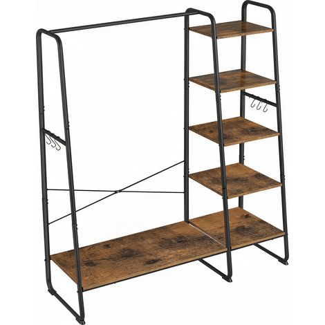 Vasagle – Portant à vêtements avec étagère à chaussures – Rangement 5 niveaux – 6 crochets latéraux – Acier et panneaux de particules – Marron et noir (1/5)