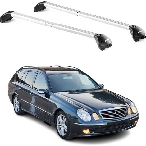 OMAC Barres de toit transversales certifiées TÜV pour Mercedes Classe E S211 Break 2004-2009 – Verrouillables (4 antivols) – Charge max 100 kg – Sangle inox + protection caoutchouc Argent (1/4)