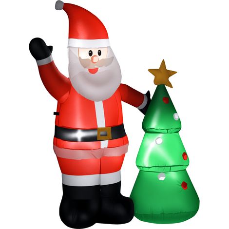 Papá Noel inflable de 150 cm con árbol, decoración navideña para exteriores con luces LED, poliéster impermeable IP44. (1/5)