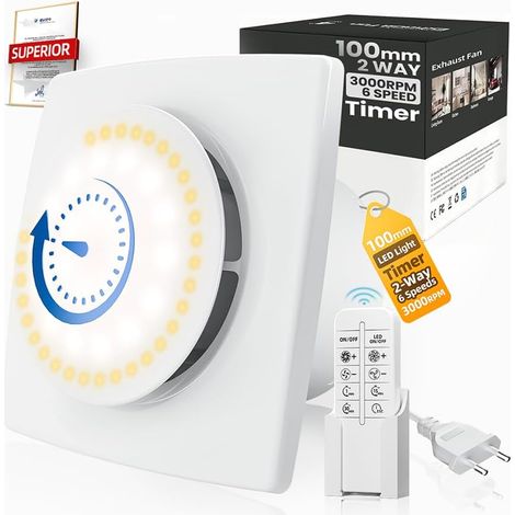 Ventilateur Extracteur d'air 100mm Timer, 3000tr/min 220m³/h, VMC 2 Sens 6 Vitesses avec LED Éclairage+Télécommande, Débit D'Air Puissant 2W Moteur DC Facile Installer Salle de Bain Lavoir Garage (1/5)