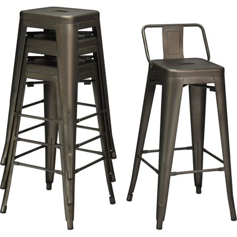 COSTWAY Lot 4 Tabourets de Bar Empilable en Métal avec Dossier Amovible, Hauteur Assise 76 CM, Chaise de Bar Petit-déjeuner, Pieds Antidérapants, Tabouret Industriel pour Cuisine (Gris Industriel) (1/5)
