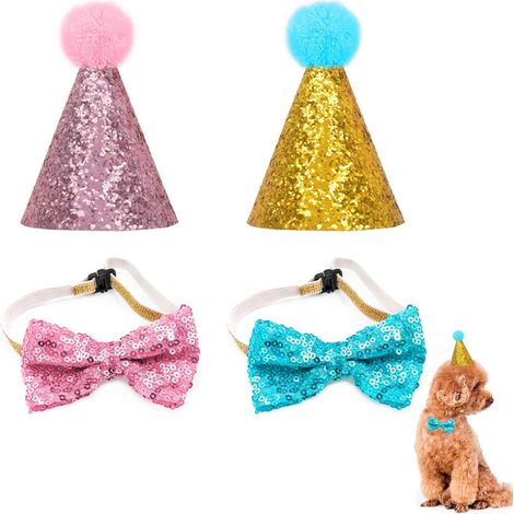 Chapeau d'anniversaire pour animaux de compagnie avec nœud à paillettes et adorable nœud papillon pour chiot, chapeau décoratif avec sangle, 2 pièces (1/5)