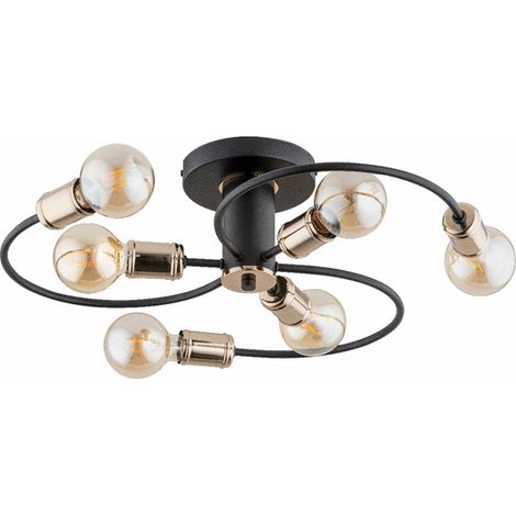Alfa SAMBA Industrial Modern Ceiling Light 6-Light, Black Metal with Old Gold Accents, 6xE27 Max 15W, Loft Flush Mount, Dimmable, 51x51x16 cm, for Living Room, Dining Room, Bedroom