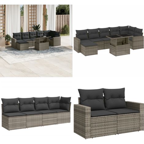 Salon de jardin 8 pcs avec coussins gris résine tressée - Salon De Jardin - Meuble Extérieur - Set Salon - Résine Tressée - Rotin Synthétique - Home & Living (1/5)