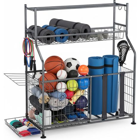 Relaxdays Sports Equipment Storage Rack, Metal, Organizer for Sports Gear & Balls, HWD: 111 x 118 x 42 cm, Grey