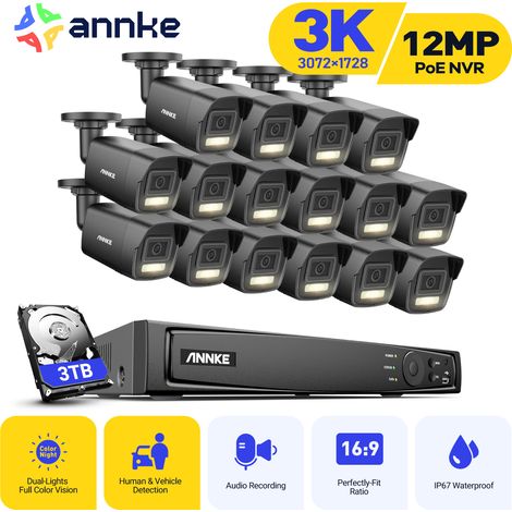 ANNKE Kit de videovigilancia exteriores cable 3K, NVR 16 canales y cámara PoE 16X5MP, detección de personas/vehículos, visión nocturna color, luz dual inteligente,disco duro de 3 TB (1/5)