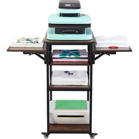 Mophorn Mesa de prensa de calor con estación de carga - Soporte móvil de 4 niveles con ruedas, plegable para ahorrar espacio, banco de trabajo de metal para transferencia por sublimación, marrón