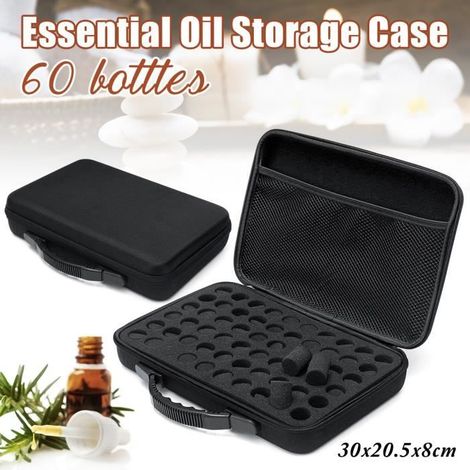 Caja organizadora portátil de 60 compartimentos para botellas de aceites esenciales de 15 ml, color negro. (1/4)