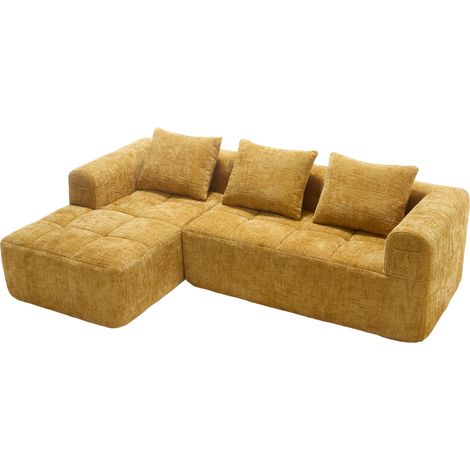 Sofá esquinero en L de chenilla amarillo, 3 plazas, con chaise longue, sin montaje (1/5)
