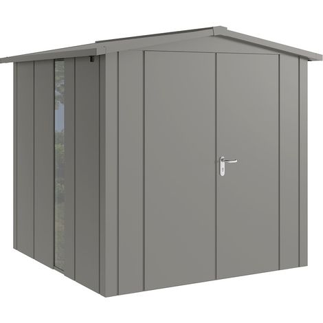 Hörmann Metall-Gerätehaus "Juno" mit Satteldach, JSD5 - Design, 214 x 214 cm (B x T), graualuminium, mit bodentiefem Fenster, 2-flüglige Tür