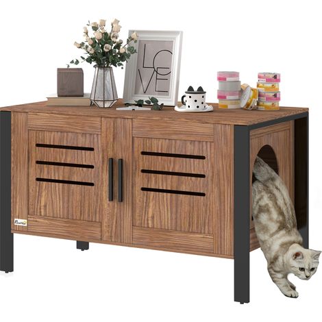 PawHut Cat Litter Box Enclosure w/ Tall Legs, Scratching Board, Dark Brown (1/5)