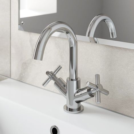 Bathroom Mono Basin Sink Mixer Tap Cross Head Handle Chrome Curved Swan Spout