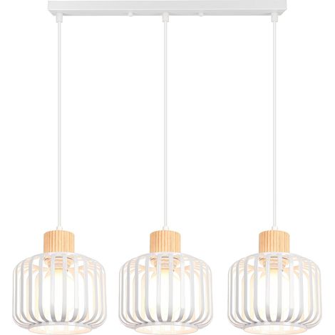 3 Lampes Suspension Luminaire Industrielle, 18cm Lustre Plafonnier en Bois Métal Design Cage Rétro Lampe de Plafond E27 Éclairage Décor Vintage pour Salon Cuisine Salle à Manger (Blanc, Barre) (1/5)