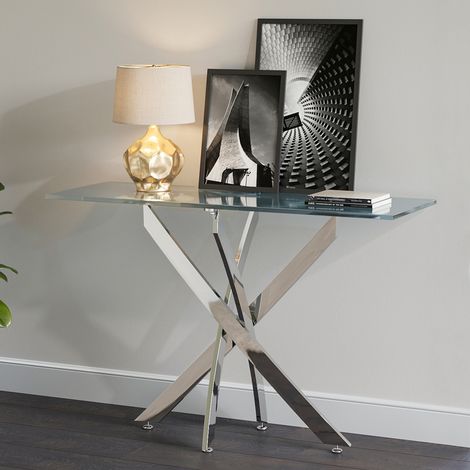 120x40CM Rectangle Tempered Glass Top Side Table with Chrome Legs